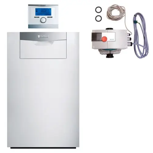 Futuristische Gasheizung Vaillant ecoCRAFT mit Wandthermostat und Umwälzpumpe, in modernem Design und effizienter Bauweise.
