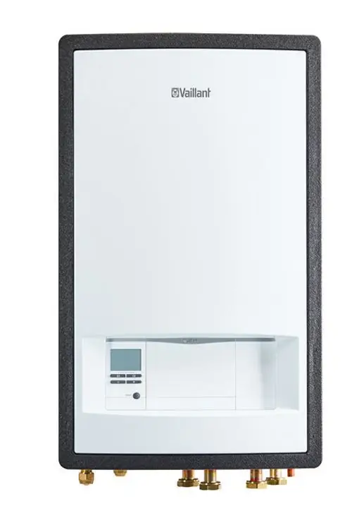 Vaillant Wärmepumpe in weißem Gehäuse mit digitalem Display und mehreren Anschlüssen an der Unterseite.