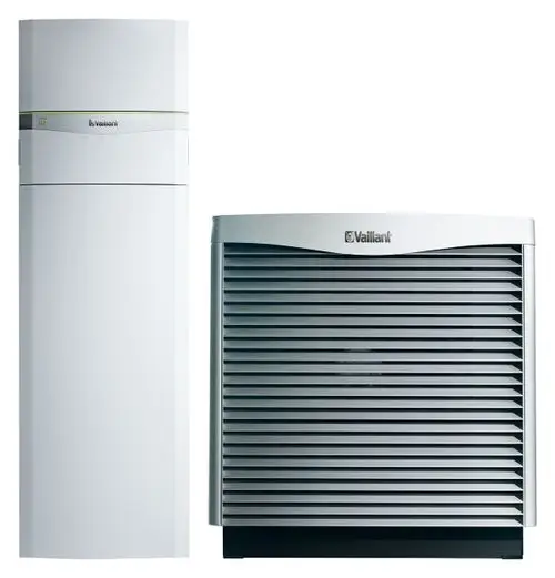 Zwei Vaillant Waermepumpen: eine stehende Einheit in Weiß und eine kompakte, graue Außeneinheit mit horizontalen Lamellen.