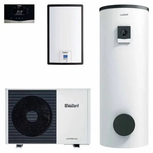 Ein Bild zeigt verschiedene Komponenten eines Vaillant aroTHERM plus Luft-Wasser-Waermepumpensystems, einschließlich eines Außengeräts, eines Speichers und einer Steuerungseinheit.
