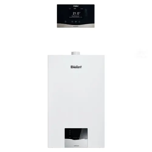 Vaillant Gasheizung ecoTEC plus mit digitalem Steuerdisplay, weißes Gehäuse, geeignet für Heizungs- und Warmwasserbereitung.
