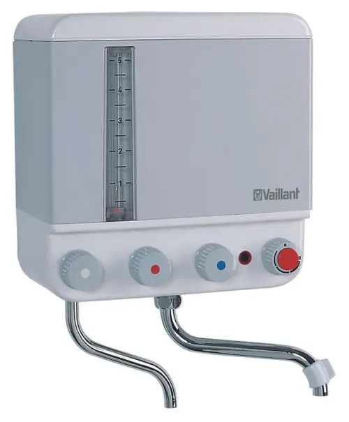 Ein kompaktes elektrisches Gerät in weißer Farbe mit einem Durchflussmesser und drei Drehreglern zur Einstellung von Temperatur oder Wassermenge.