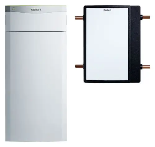 Vaillant Sole-Wasser-Wärmepumpe: Ein kompaktes Gerät in Weiß mit einem zusätzlichen Wärmetauscher, der für effiziente Heiz- und Kühlfunktionen sorgt.
