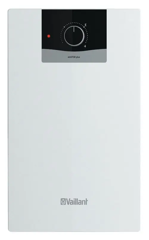 Ein kompaktes elektrisches Warmwasserspeichergerät mit einem Bedienfeld, einem Temperaturregler und einem roten Statuslicht, in modernem Design.