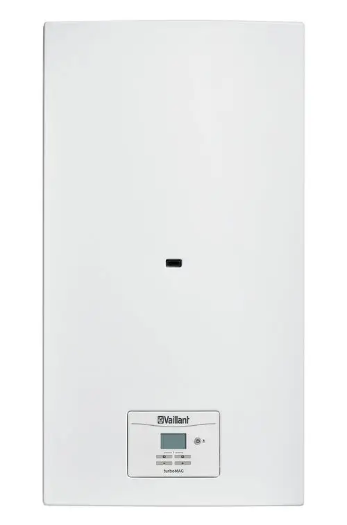 Weißer Vaillant Gasheizer mit digitalem Display und Bedienelementen unten. Modernes, minimalistisches Design für Heizzwecke.
