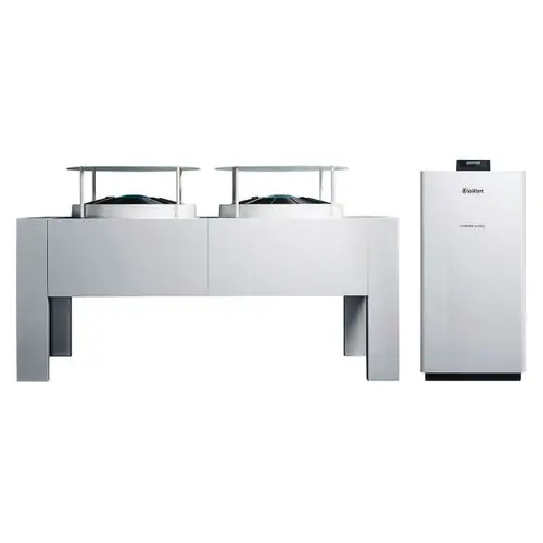 Eine moderne Luft-Wasser-Wärmepumpe von Vaillant, bestehend aus einem kompakten Heizgerät und zwei effizienten Wärmetauschern auf einem stilvollen weißen Sockel.