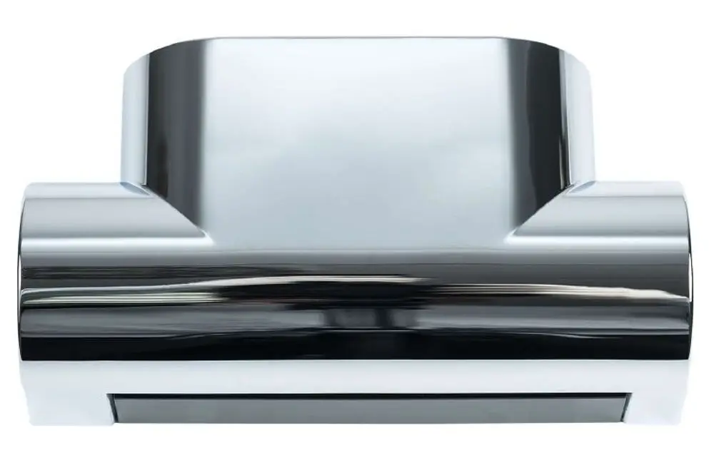 Kermi Blende für Ventilhahnblock in chromfarbener Ausführung, erkennbar an der geraden, eleganten Form und der glänzenden Oberfläche. Ideal für Heizungsinstallationen.