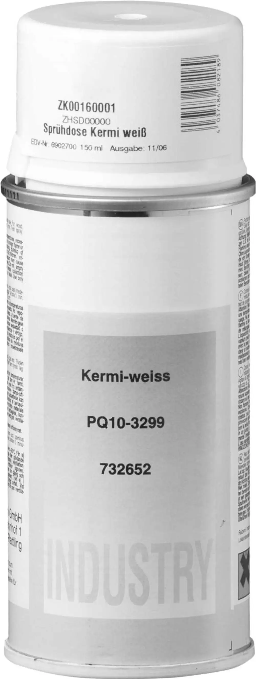 Sprühdose mit weißem Inhalt der Marke Kermi auf hellem Hintergrund, etikettiert mit Produktinformationen und Barcode.