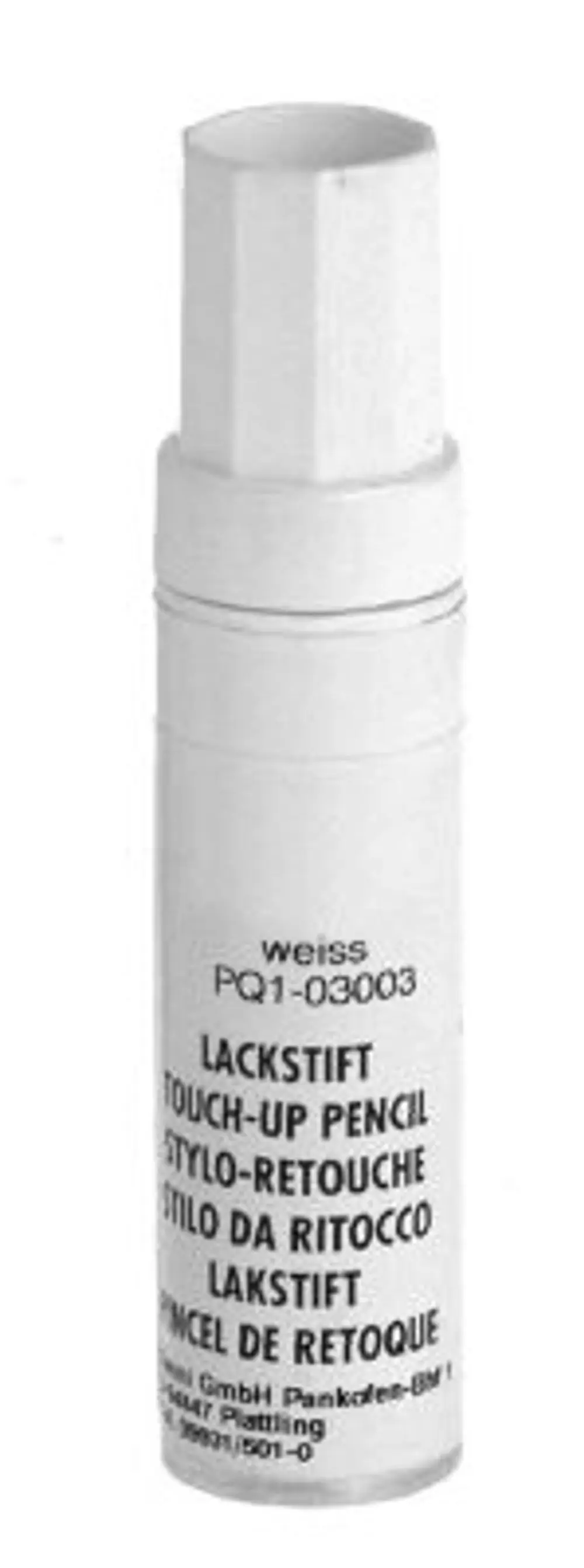 Weißer Lackstift in runder Form mit schwarzer Beschriftung und verschiedenen Sprachangaben, produziert von Kermi.