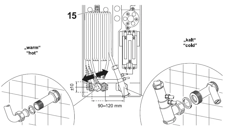 Schema eines Junkers Bosch Durchlauferhitzers Tronic 1100 18 B mit Anschlüssen für Warm- und Kaltwasser.