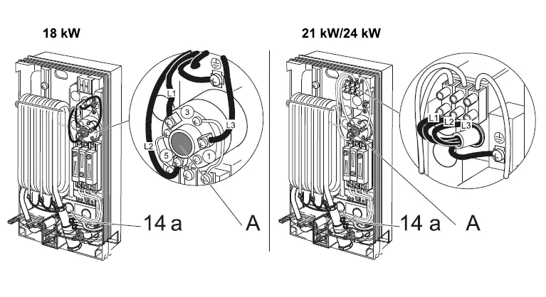 Abbildung eines Junkers Bosch Durchlauferhitzers Tronic 1100 18 B mit 18 kW, 21 kW und 24 kW Leistung. Die Zeichnung zeigt die interne Verkabelung und Anschlüsse.