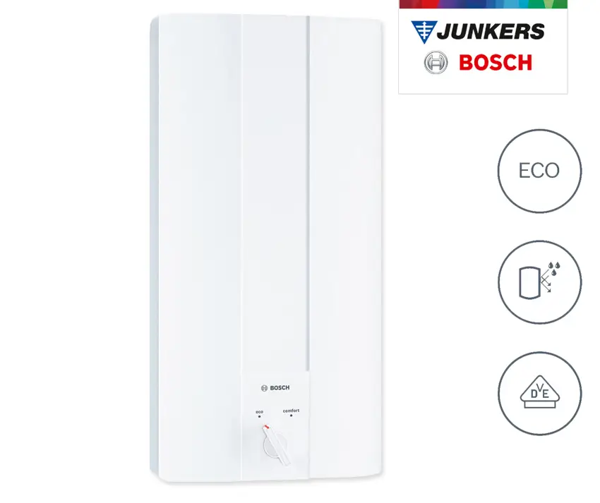 Weißer Junkers Bosch Durchlauferhitzer Tronic 1100 24 B mit ECO- und Komforteinstellungen.