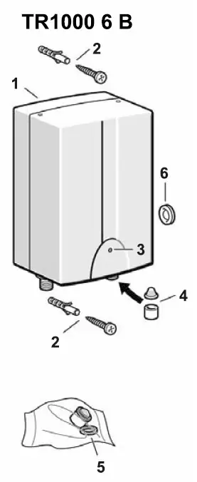 Schematische Darstellung eines Klein-Durchlauferhitzers mit Bauteilen wie Schrauben, Dichtungen und einer Abdeckung, hergestellt von Bosch.
