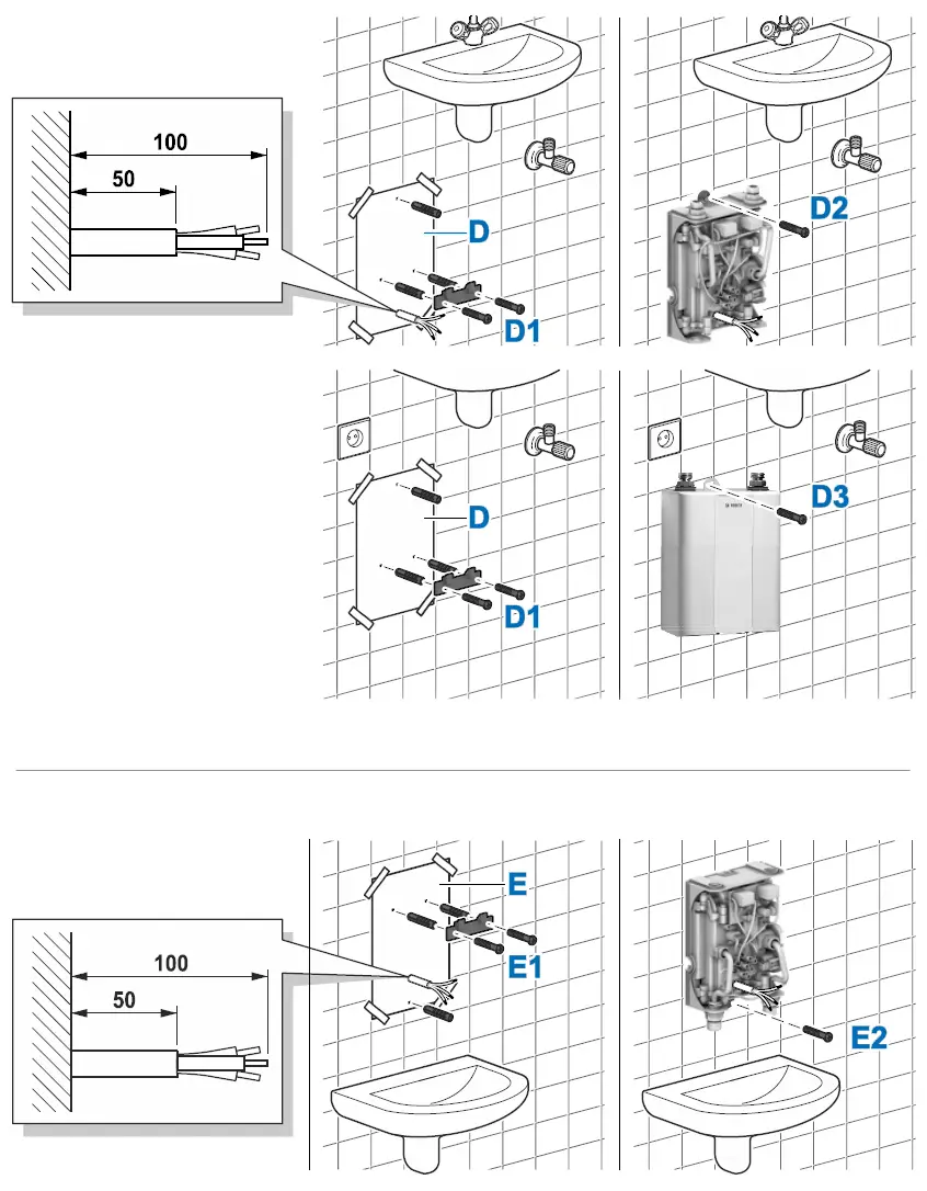 Montageanleitung für einen kleinen Durchlauferhitzer von Bosch, zeigt Anschlussdetails sowie Positionierung an der Wand unter einem Waschbecken.
