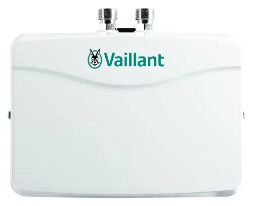 Vaillant Elektrogerät mit zwei Anschlüssen, weißer Gehäuseoberfläche und gewellter Designelemente.