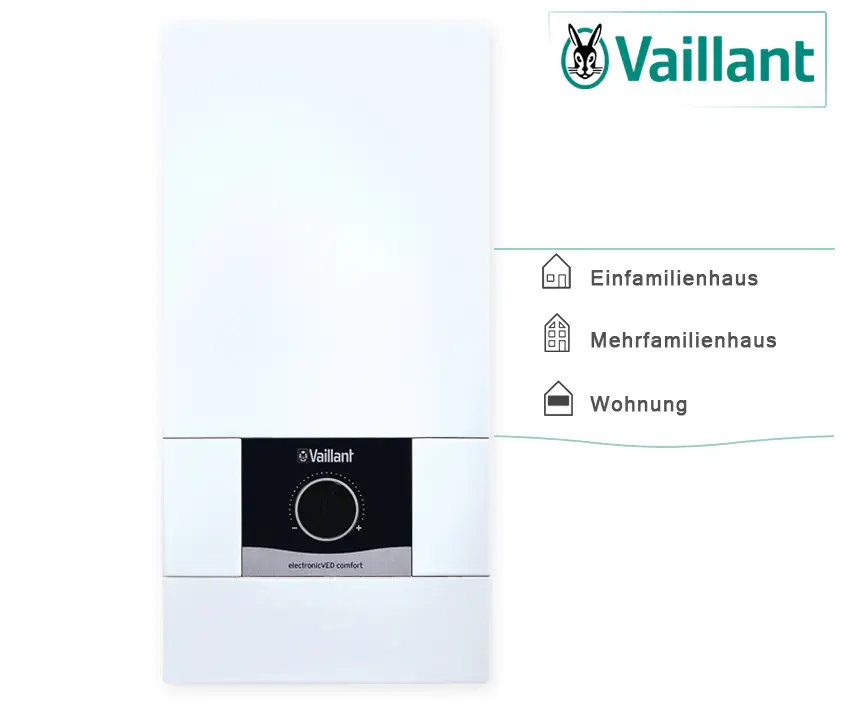 Weißer Elektro-Durchlauferhitzer von Vaillant mit drehbarem Einstellrad in der Mitte. Display oben rechts mit Logo und Informationssymbole für Wohnformen.