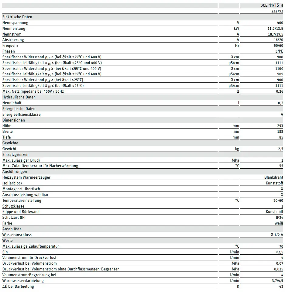 Technische Daten eines Stiebel Eltron Kompakt-Durchlauferhitzers, einschließlich elektrischer und hydraulischer Informationen sowie Dimensionen und Anschlussdetails.