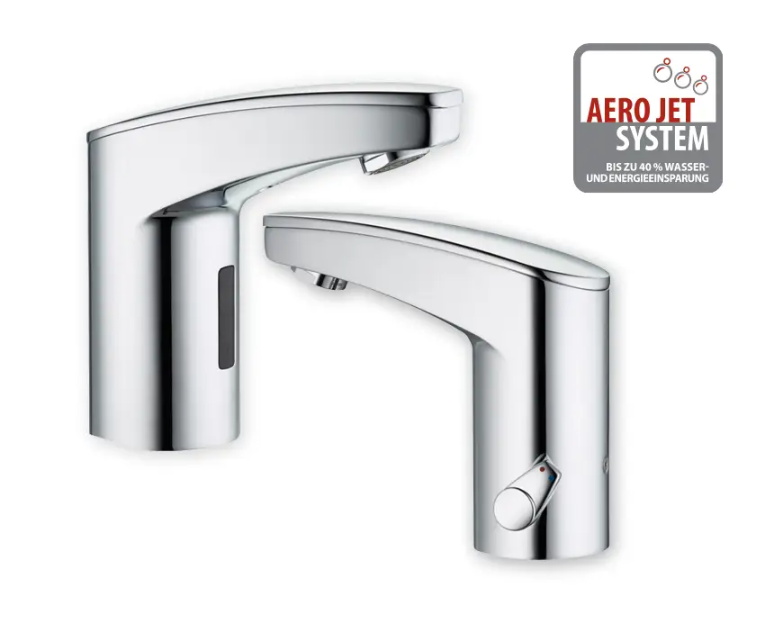 Zwei Chromarmaturen mit Sensorsteuerung von Stiebel Eltron, eine mit Hebel zur Temperaturregelung. Beide Modelle sind funktional gestaltet und bieten moderne Bedienmöglichkeiten.