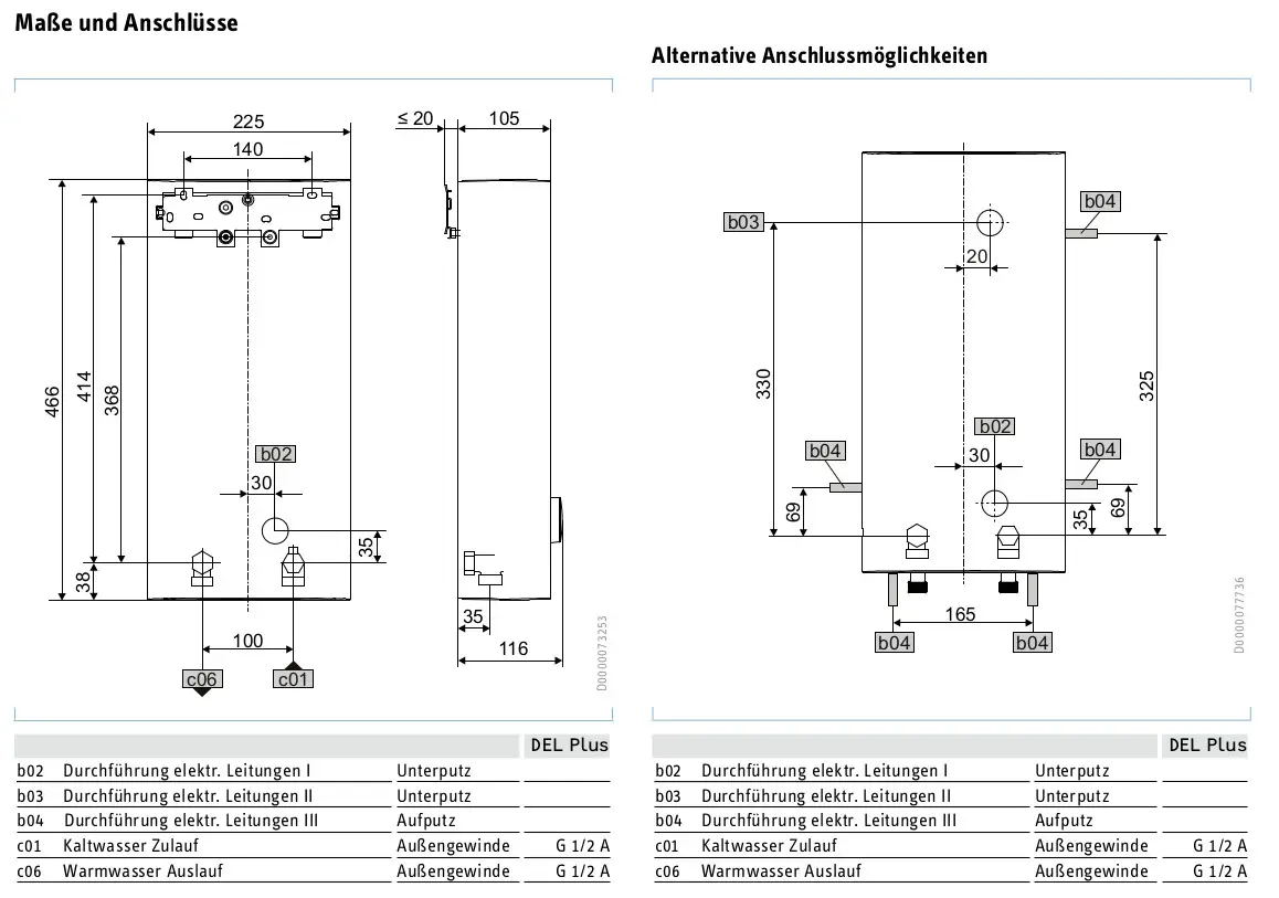 Stiebel Eltron Durchlauferhitzer in vertikaler Bauweise, mit technischen Zeichnungen der Anschlussmöglichkeiten und Abmessungen für die Installation.