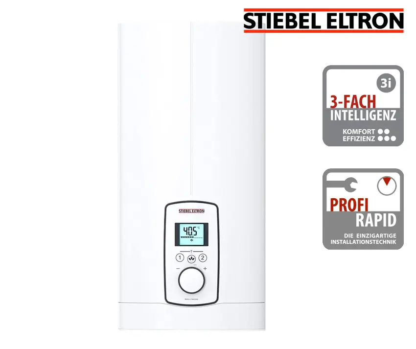 Weißer Durchlauferhitzer von Stiebel Eltron mit digitalem Display und Bedienelementen, zur Montage an der Wand geeignet. Temperaturanzeige und verschiedene Einstelloptionen sichtbar.