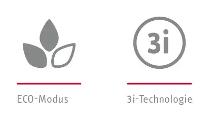 Symbolik für ECO-Modus und 3i-Technologie von Stiebel Eltron. Grafische Darstellung in grauer Farbe, mit Beschreibung unter den Symbolen.