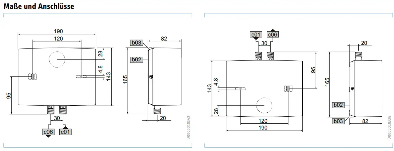 Maße und Anschlussdaten eines weißen Mini-Durchlauferhitzers von Stiebel Eltron. Abmessungen und Anschlusspositionen sind schematisch dargestellt.