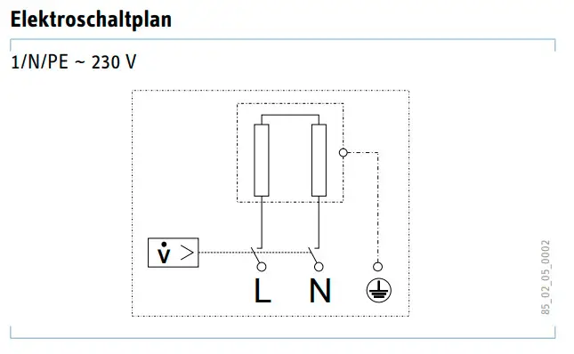 Elektroschaltplan für einen Mini-Durchlauferhitzer von Stiebel Eltron, der eine Anschlussspannung von 230 V zeigt, mit Übersicht über die elektrischen Verbindungen.