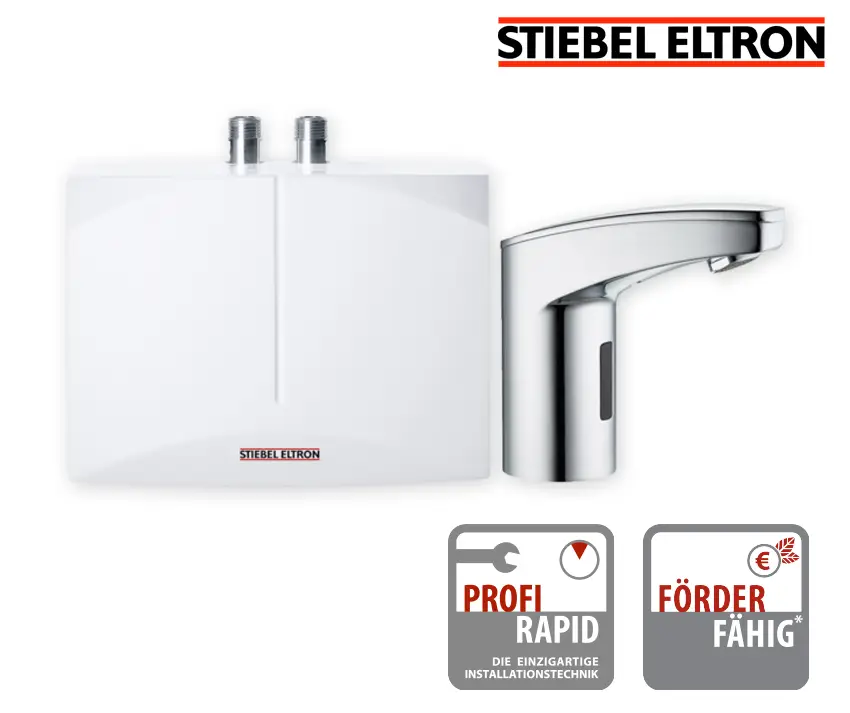 Stiebel Eltron Mini-Durchlauferhitzer in Weiß mit zwei Anschlüssen. Dazu eine elegante Sensorarmatur in chromfarbener Ausführung.