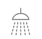 Graue Dusche mit senkrechten Wasserstrahlen, unter einer runden Deckenmontage. Produkt von CLAGE, geeignet für effiziente Warmwasserversorgung.