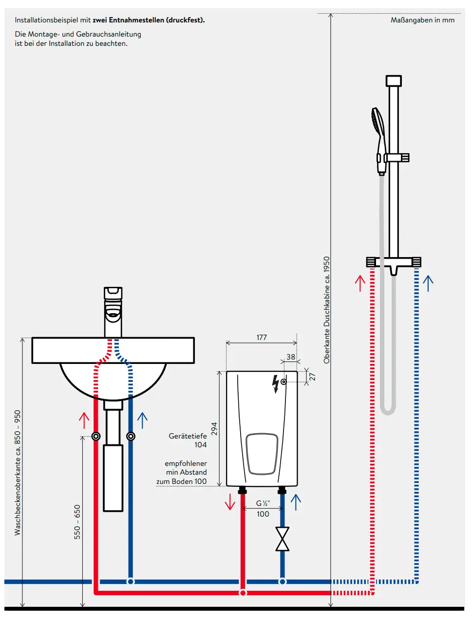 Installationsschema für einen E-Komapkt-Durchlauferhitzer von CLAGE, zeigt den Anschluss an Waschbecken und Dusche mit Wasserleitungen in rot und blau. Maße sind in Millimetern angegeben.
