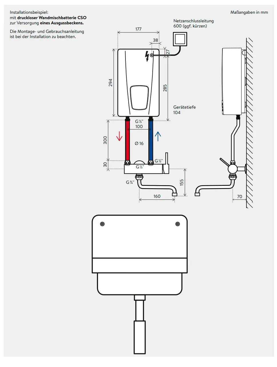 Installation eines CLAGE E-Kompaktdurchlauferhitzers. Technische Zeichnung mit Maßangaben, Anschlussdetails und Montagehinweisen. Diagramm zeigt Geräteansicht und Anschlüsse.