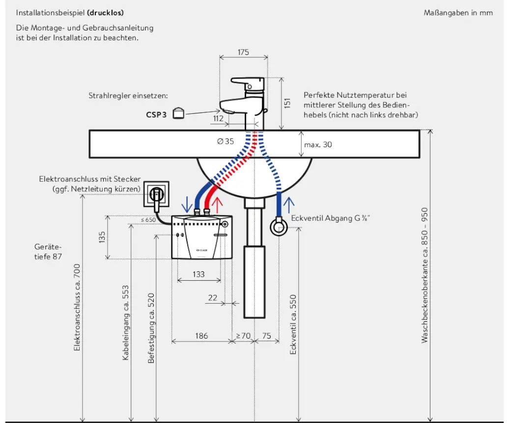 Installation von CLAGE E-Kleindurchlauferhitzer mit Armatur, inklusive Maßangaben und elektrischer Anschlussbeschreibung. Zeichnung zeigt Montageposition und Abmessungen.