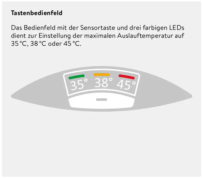 Bedienfeld mit Sensor und drei farbigen LEDs zur Einstellung der maximalen Temperatur auf 35°C, 38°C oder 45°C, produziert von CLAGE.