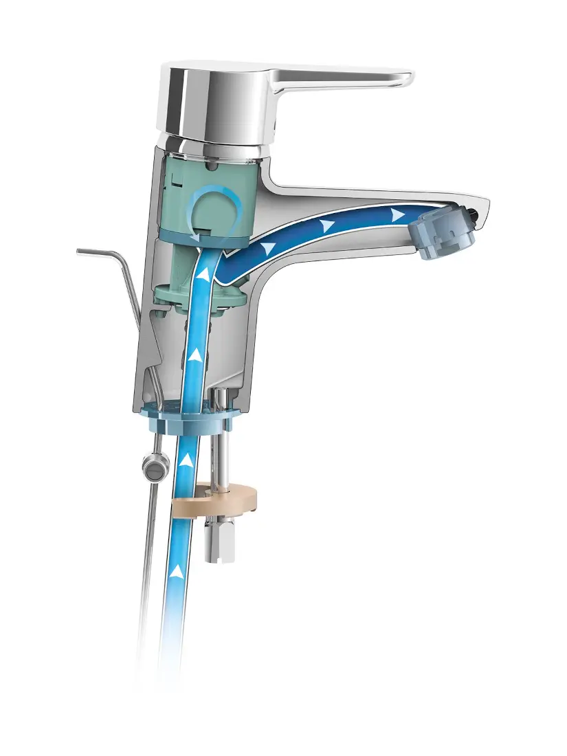 Durchschnittlich gestaltete Armatur von CLAGE mit interner Wasserleitung, die den Wasserfluss und die Temperatur regelt. Darstellung der inneren Komponenten und Wasserführung.