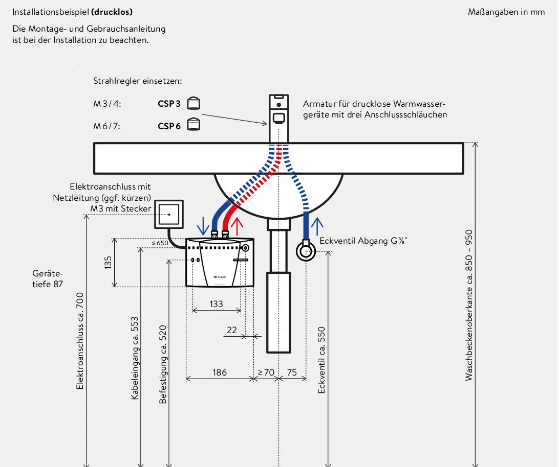 Installationsschema eines hydraulischen Durchlauferhitzers von CLAGE. Darstellung von Anschlüssen, Maßen und Verbindungen für drucklose Bauweise. Maße in mm.