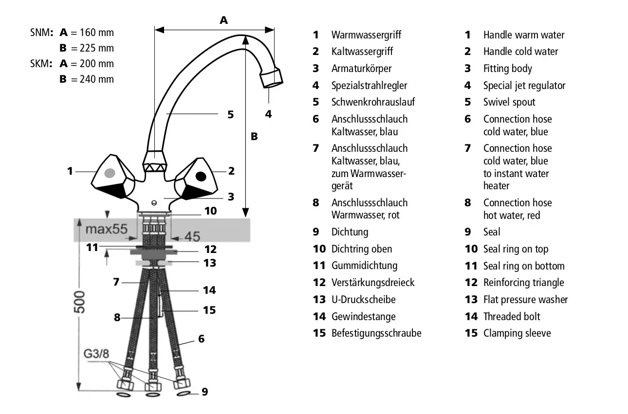 Dreiseitige, hydraulische Waschtischarmatur von CLAGE mit zwei Griffen für Warm- und Kaltwasser, flexible Anschlussschläuche und ein schwenkbarer Auslauf. Technische Details sind abgebildet.