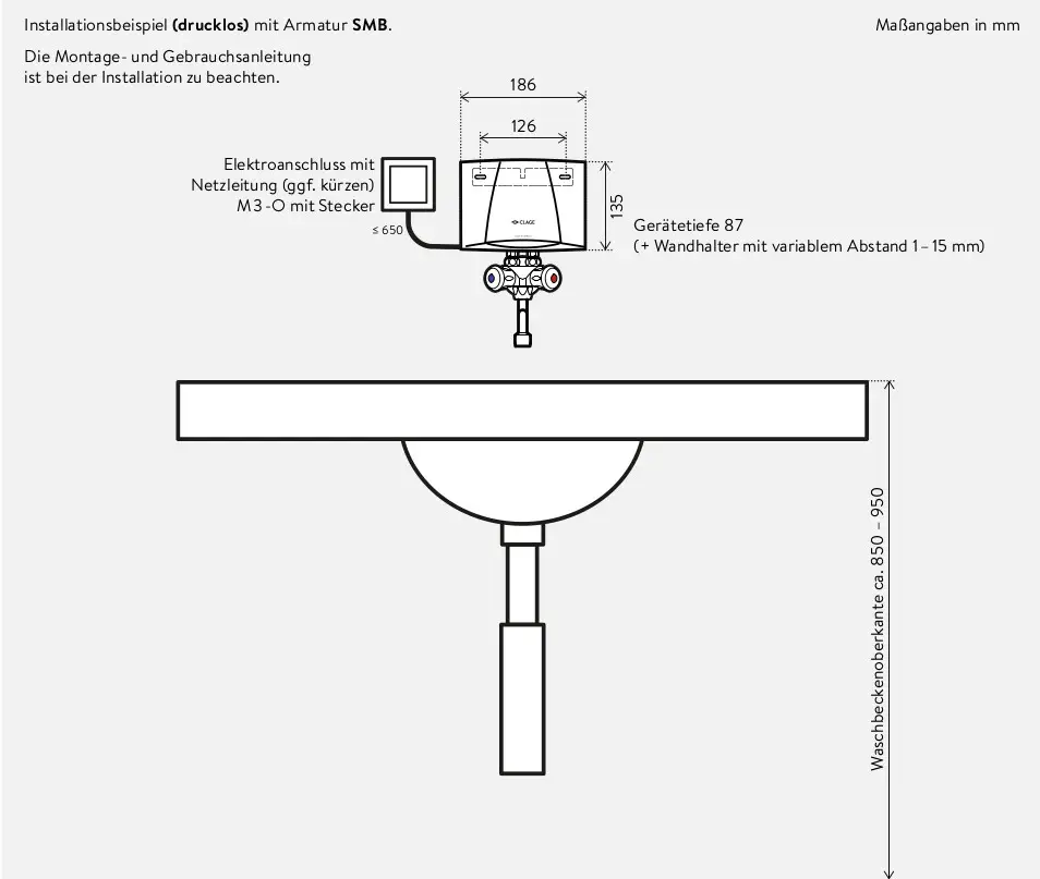 Installationsbeispiel eines drucklosen E-Kleindurchlauferhitzers von CLAGE mit Elektroanschluss und Montageanleitung, dargestellt mit Maßen und Wandhalterung.