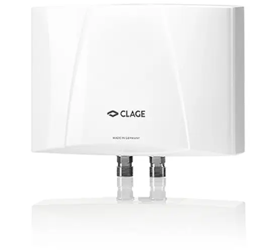 Weißer E-Kleindurchlauferhitzer von CLAGE mit zwei Anschlüssen, wandmontierbar, für den hydraulischen Betrieb, konstruiert für drucklose Anwendungen.