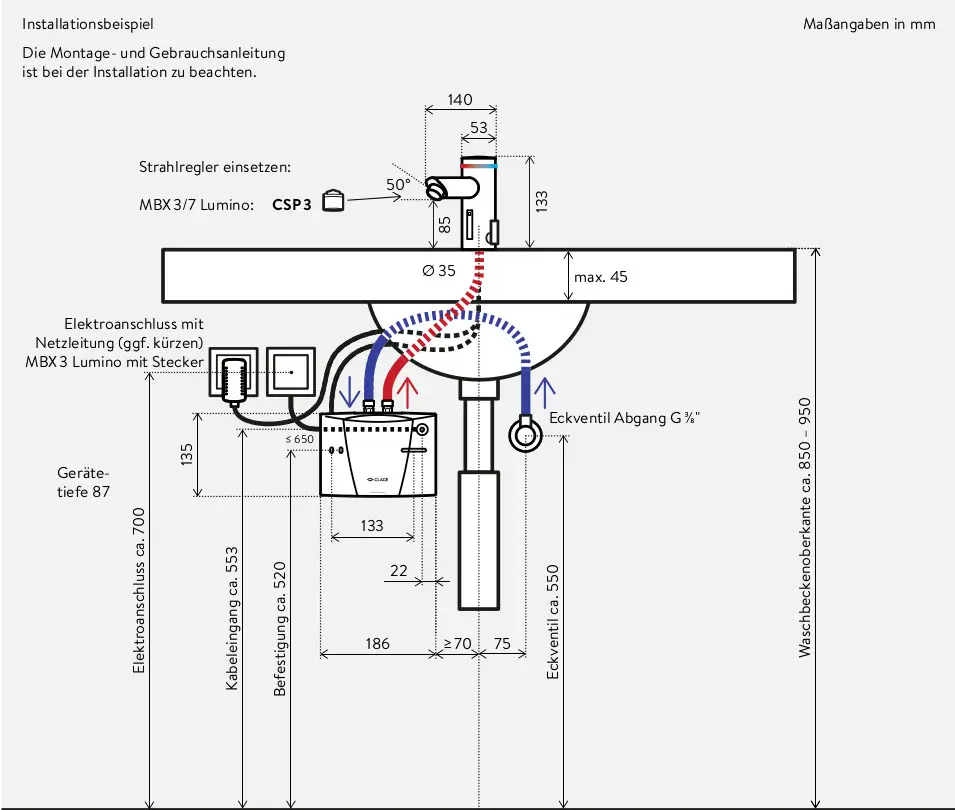 Installationselemente eines elektronischen Durchlauferhitzers von CLAGE. Das Diagramm zeigt Montageschritte, elektrische Anschlüsse und relevante Maße in Millimetern.