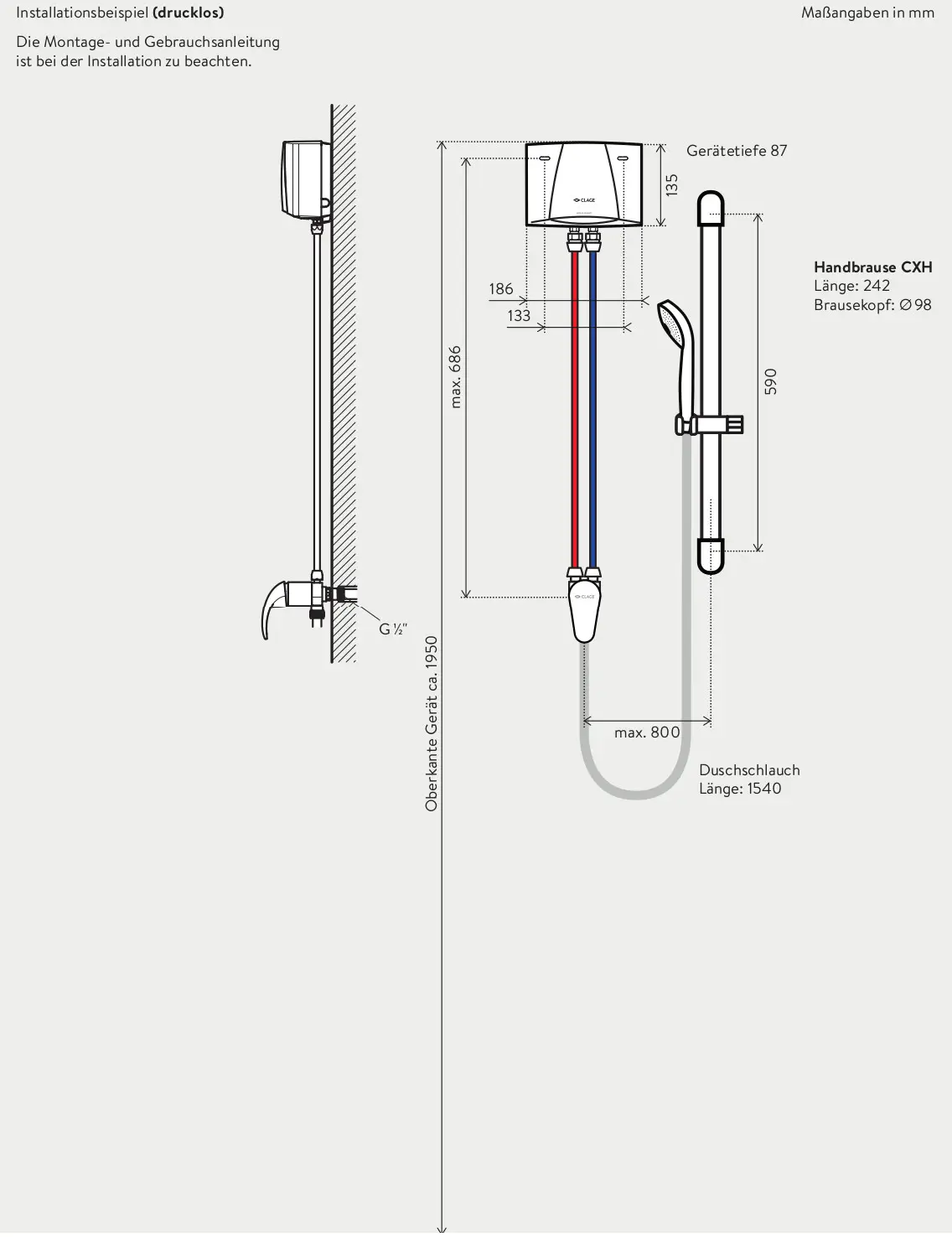 Wandmontierte Duschanlage von CLAGE mit Handbrause und Armatur. Enthält Anschlussdetails, Maße und Installationshinweise für den E-Kleindurchlauferhitzer.