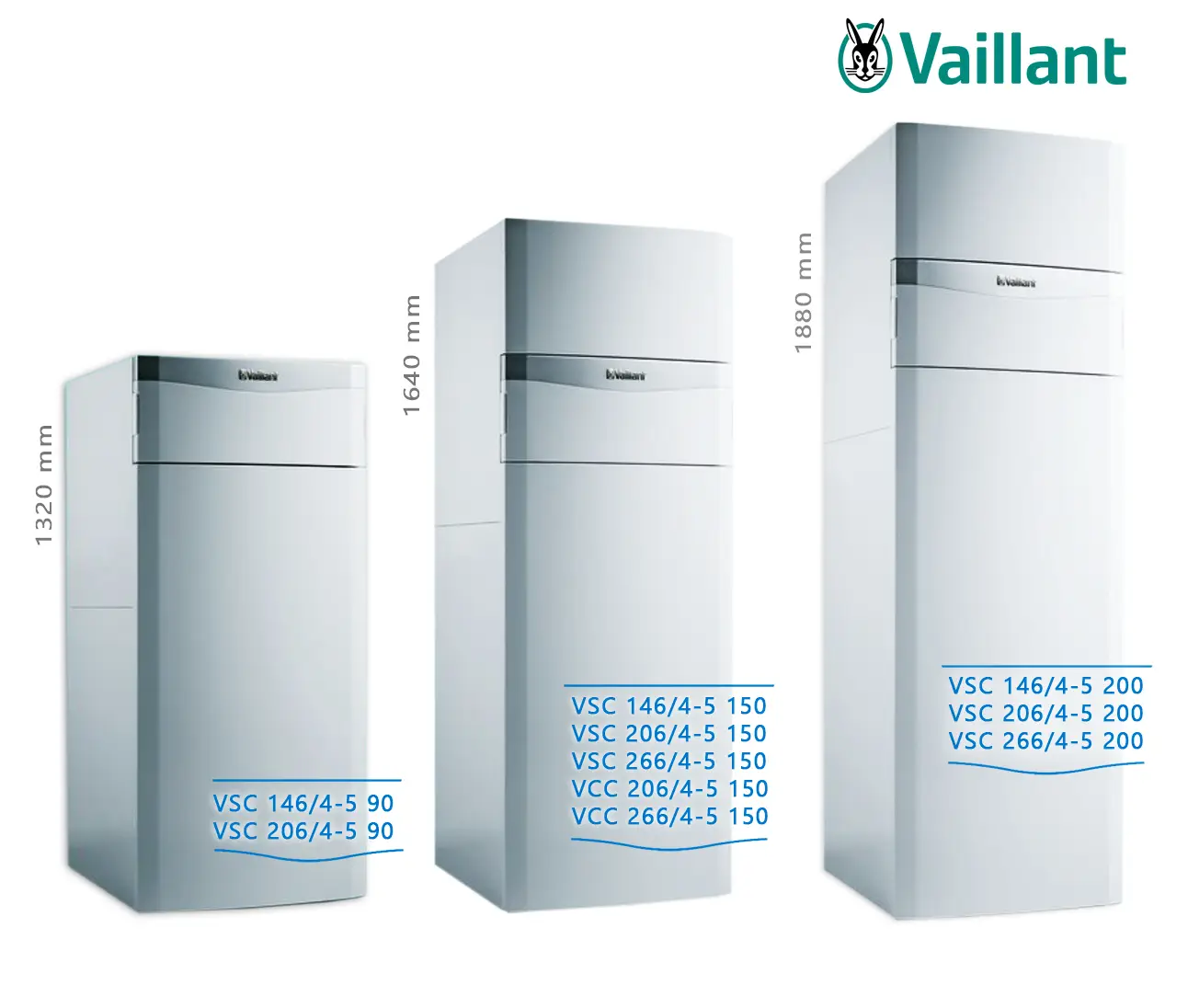 Vaillant Wärmepumpen in drei Größen, jeweils mit unterschiedlichen Höhen, dargestellt mit Modellbezeichnungen und technischen Spezifikationen in blauem Text.