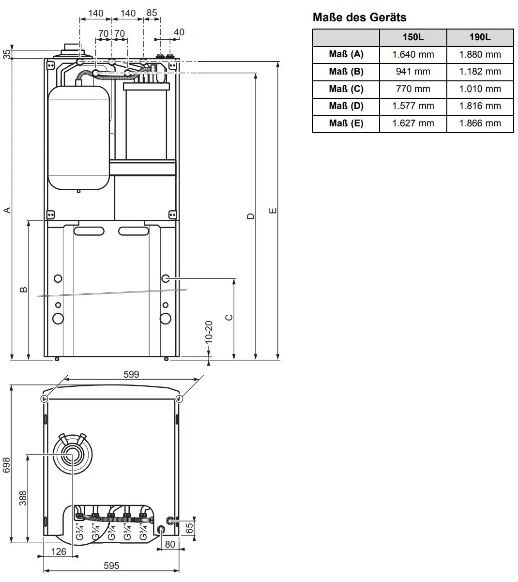 Schematische Darstellung eines Kompaktgeräts von Vaillant mit spezifischen Maßen und Anschlüssen zur Installation. Technische Zeichnung für Montageanleitungen.