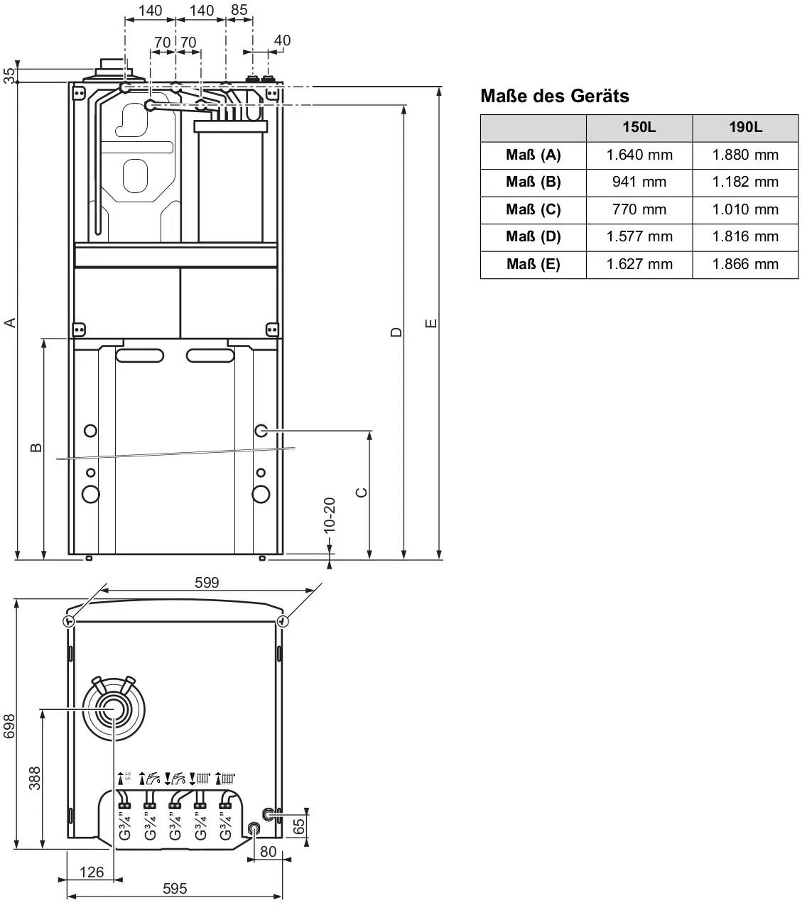 Vaillant Kompaktgerät mit Abmessungen und Anschlüssen, dargestellt in Draufsicht und Seitenansicht. Technische Zeichnung mit Maßangaben für Installation und Wartung.