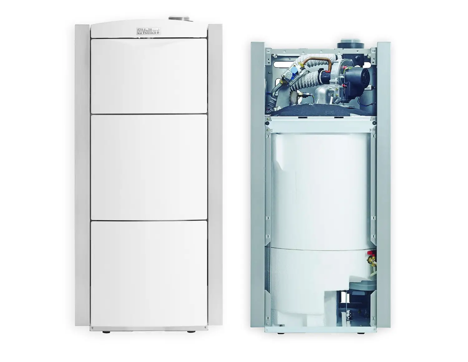 Gas-Brennwertkessel von Vaillant, mit freier Sicht auf die innere Technik. Die vordere Abdeckung ist in Weiß gehalten, das Innenleben ist sichtbar.
