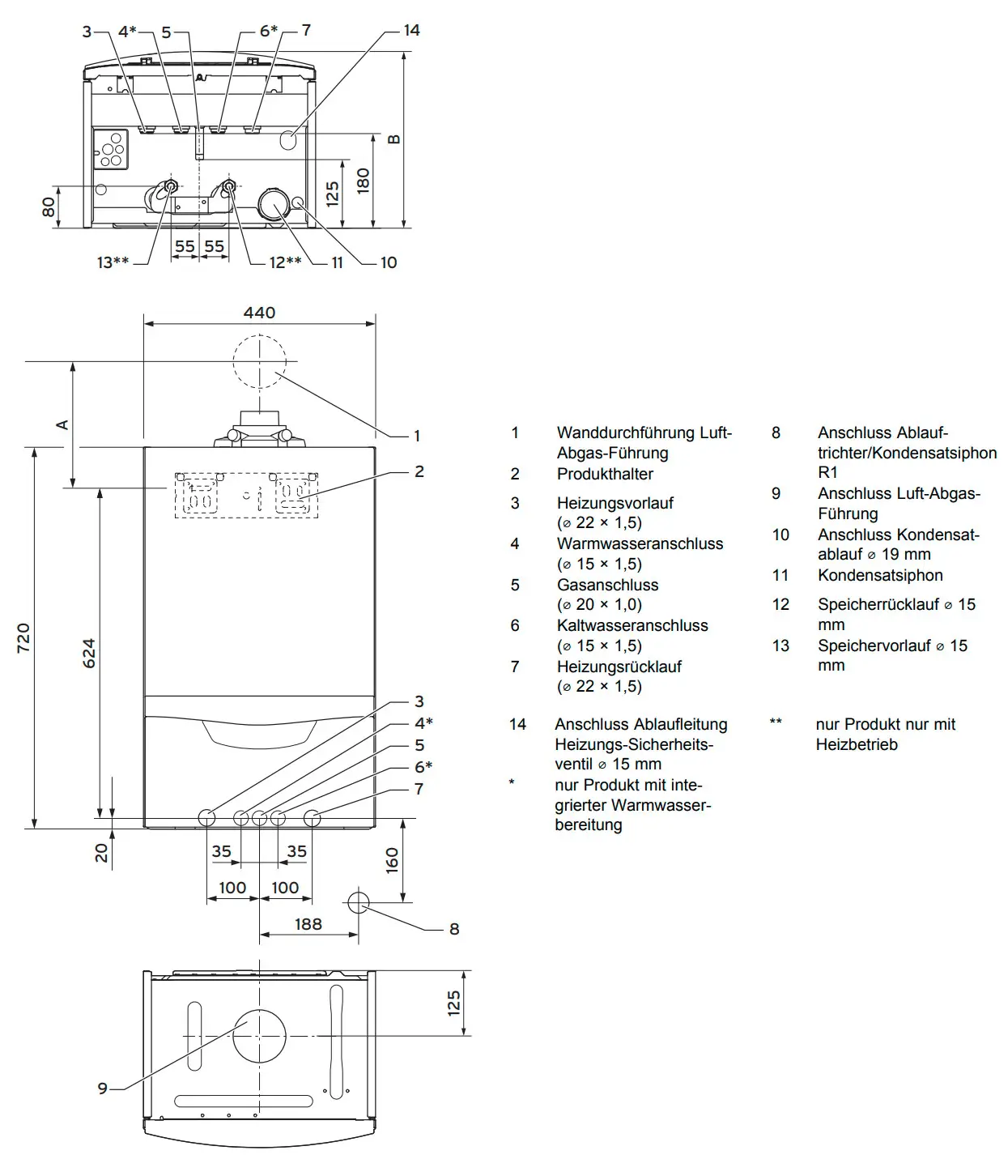 Vaillant Heizgerät mit verschiedenen Anschlüssen für Gas, Wasser und Heizung, einschließlich Wanddurchführung und Anschlussmöglichkeiten, abgebildet in technisch schematischem Format.