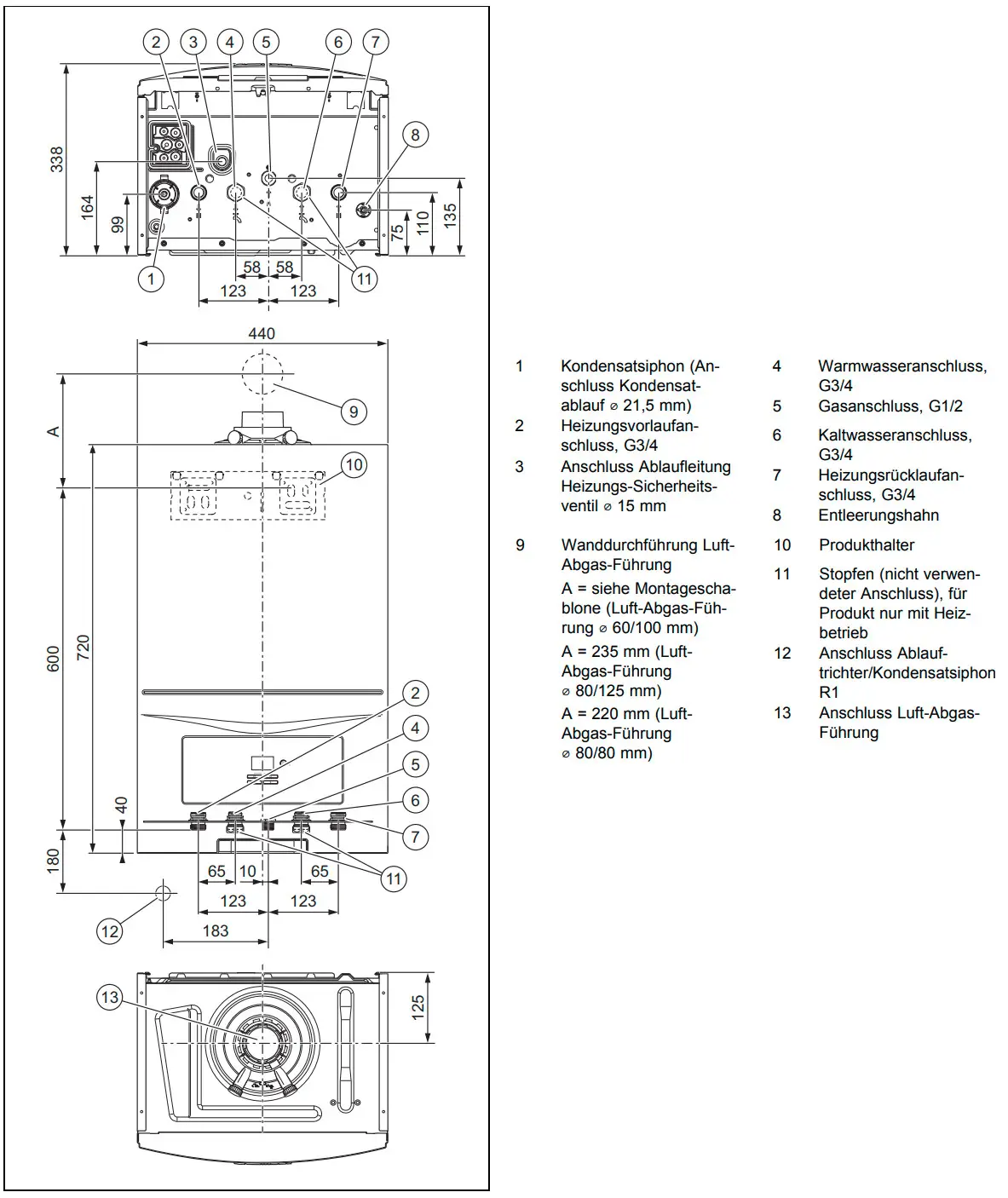 Gas-Wandheizgerät von Vaillant mit Anschlüssen für Wasser- und Gasversorgung. Technische Daten und Anschlussdetails sind abgebildet.
