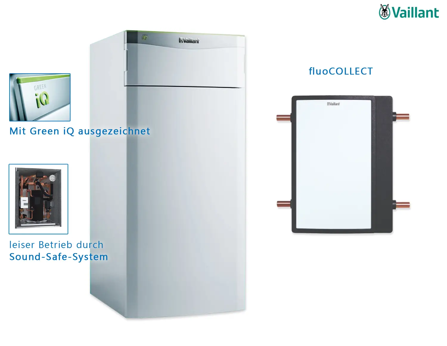 Vaillant Heizungswärmepumpe in hellem Gehäuse, neben einem schwarzen Wärmetauscher, auf einem neutralen Hintergrund. Das Produkt ist für die Heizungsversorgung ausgelegt.