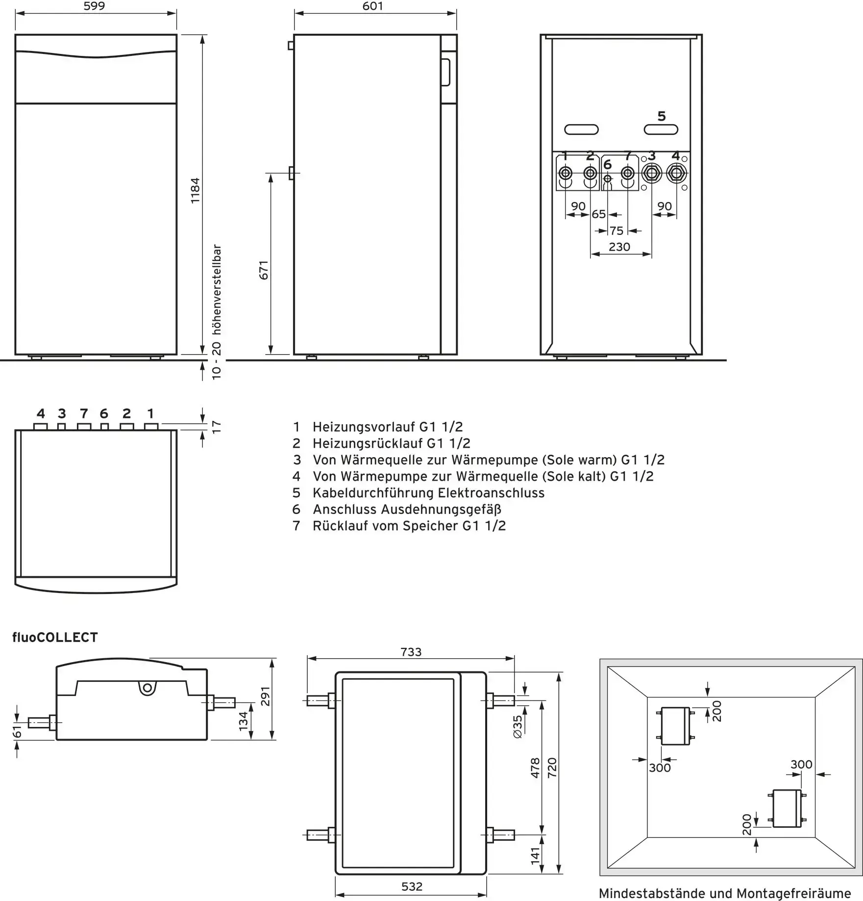 Vaillant Heizungswärmepumpe mit Anschlüssen für Heizungs- und Warmwasserversorgung, skizziertes Design mit Maßangaben in mm für Installation.