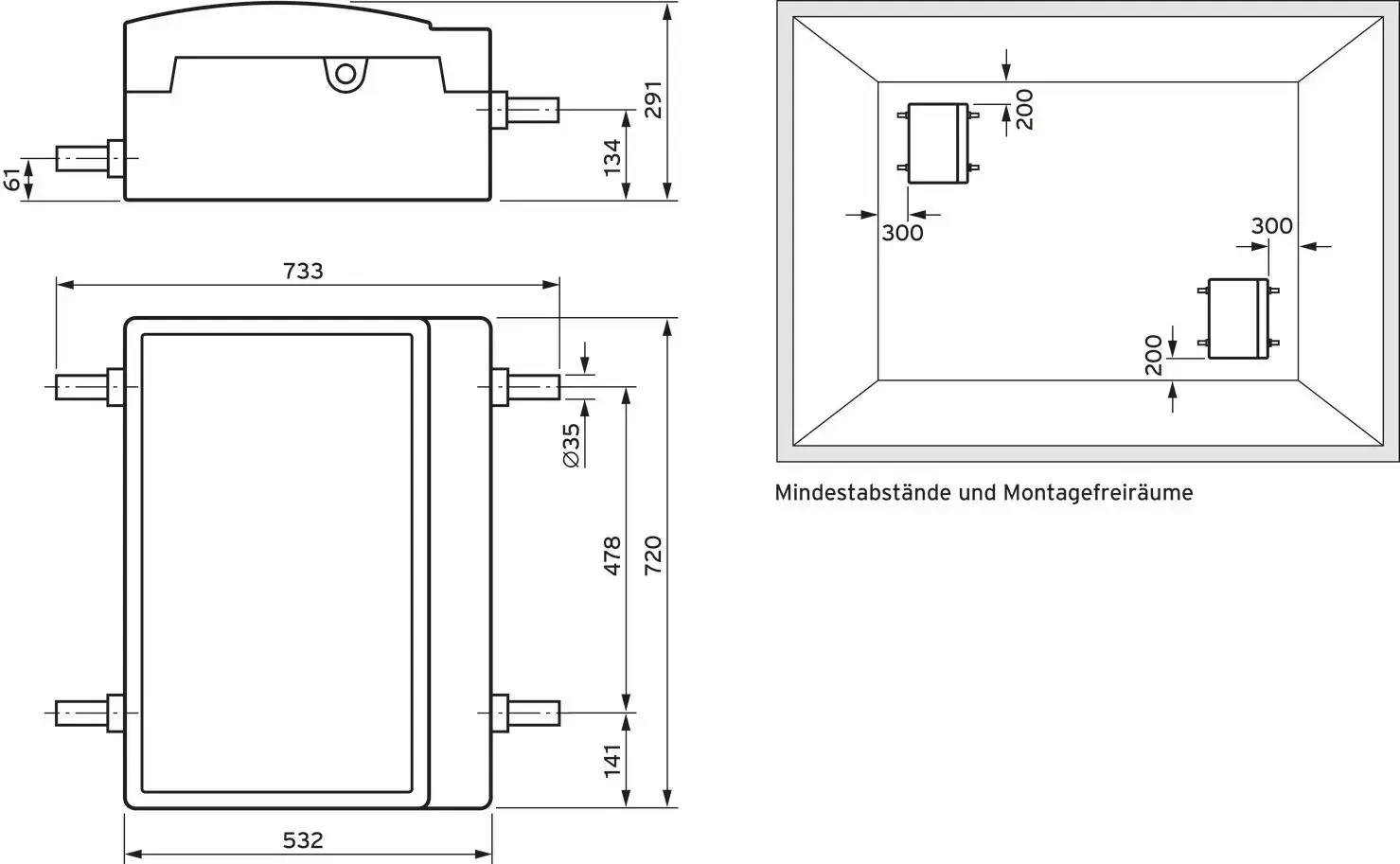 Montagezeichnung für eine Heizungswärmepumpe von Vaillant mit Maßangaben und Mindestabständen für die Installation. Technische Skizze mit verschiedenen Ansichten.