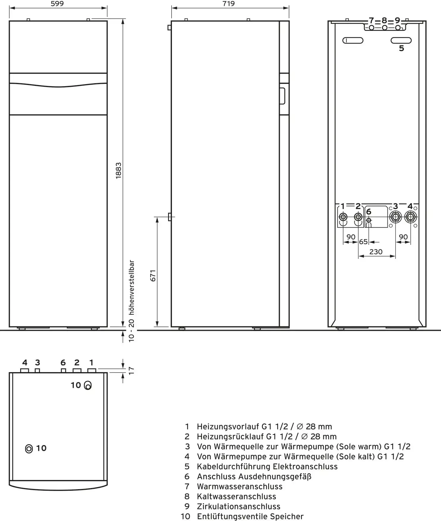 Vaillant-Heizungswärmepumpe in großzügigem Design. Seitenansicht mit technischen Anschlussdetails und Maße. Montageschablone auf der Oberseite.